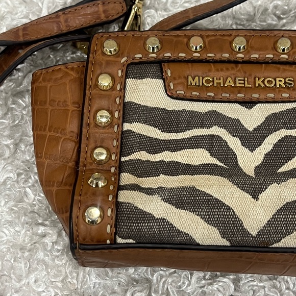 Michael Kors Zebra Print Canvas Croc Leather Studded Selma Crossbody Bag - Picture 6 of 14